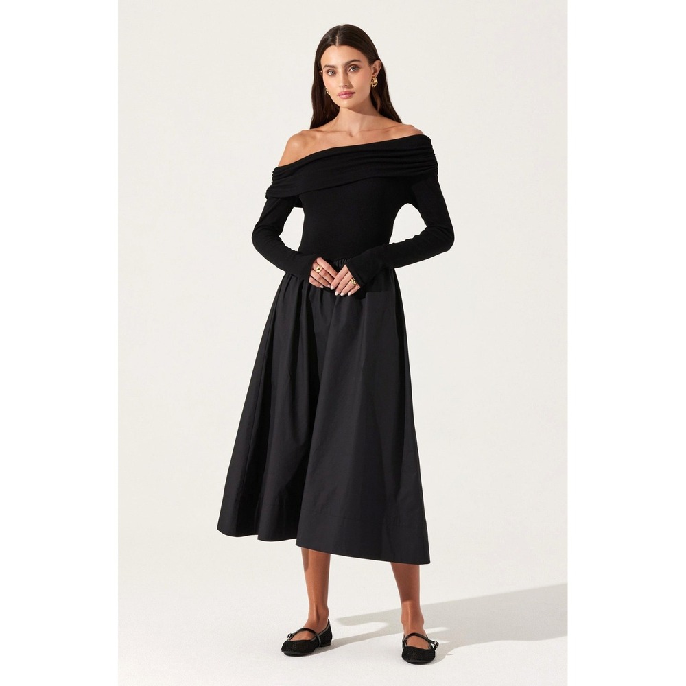 ASTR The Label Midi Dress Womens M Black Off Shoulder Poplin LBD Balletcore Chic